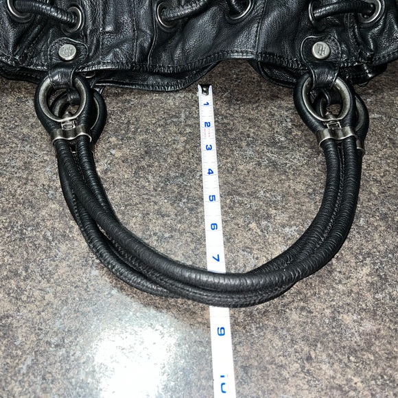 Lockheart Black Leather Purse Bag Satchel Rocker Metal Hardware Zippers Pockets - Picture 7 of 16